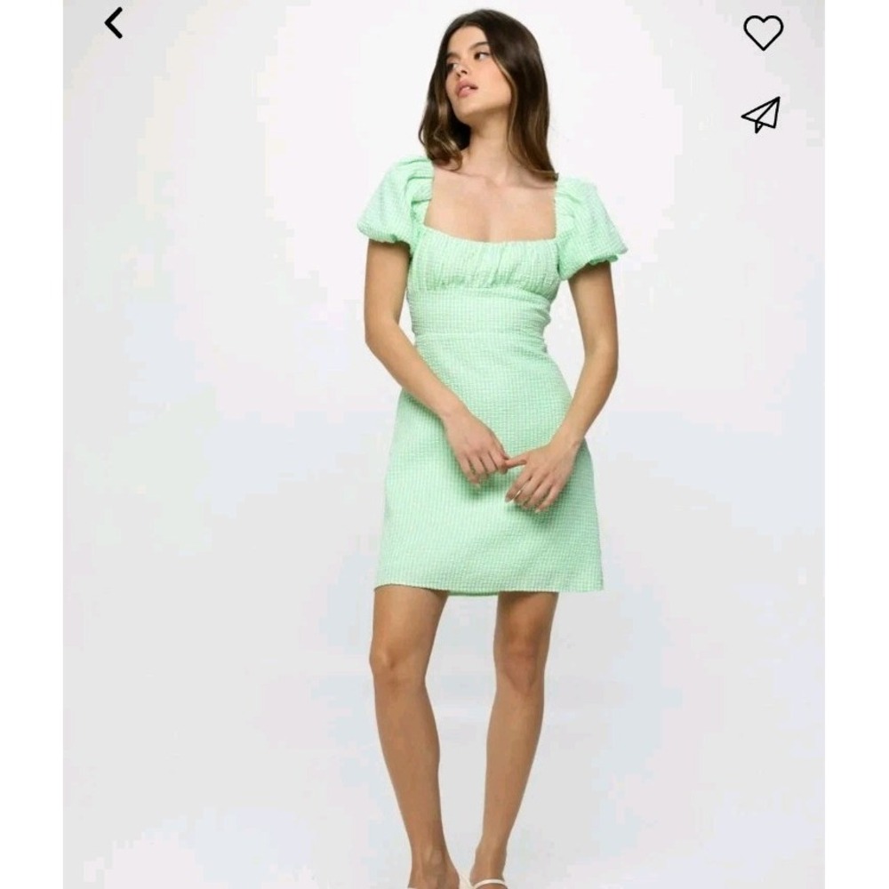 Zara Green White Gingham Puff Sleeve Cottagecore Lace Up Back Mini Dress Size M